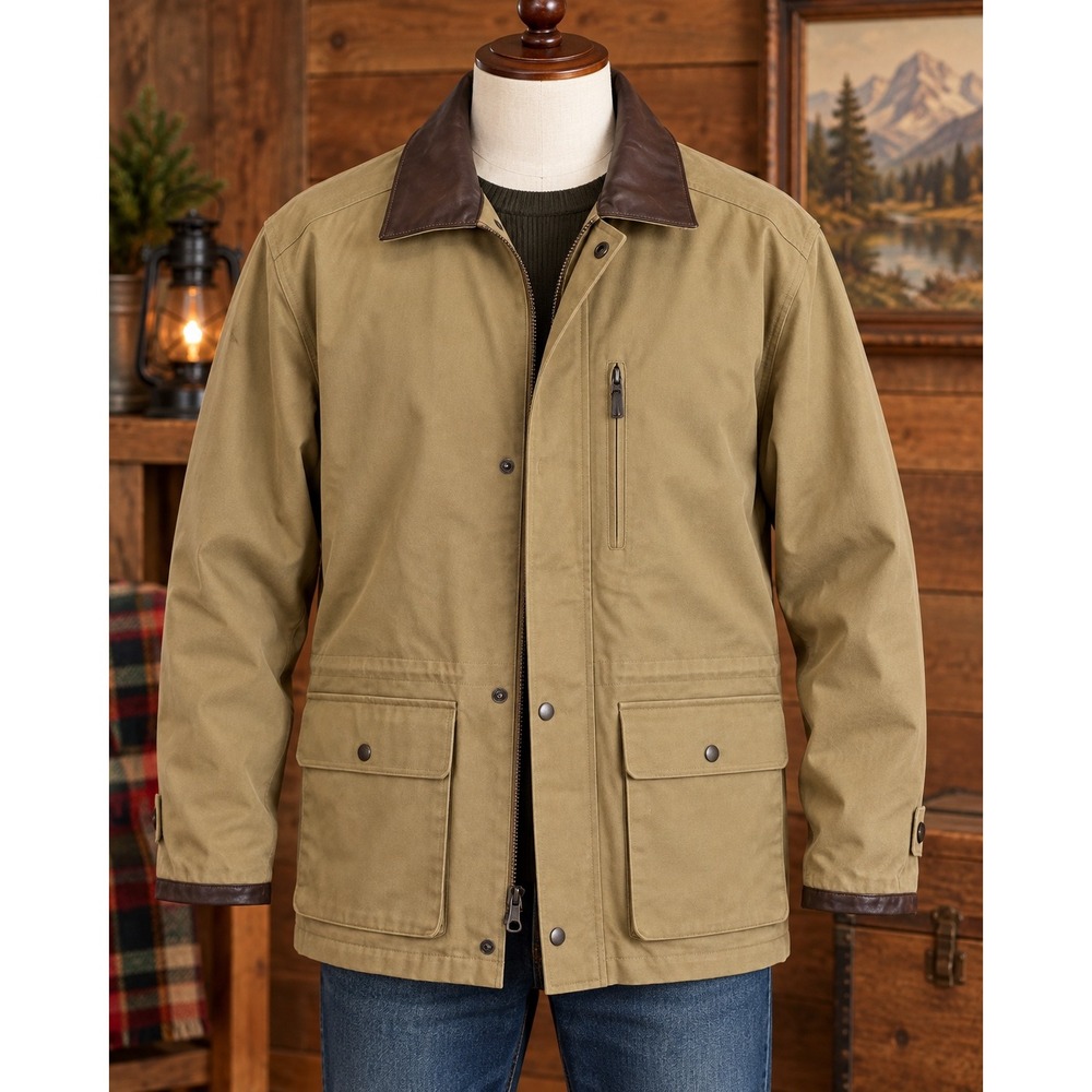 Vintage Canvas Field Jacket Leather Collar Khaki Tan Barn/ Chore Coat Mens Large